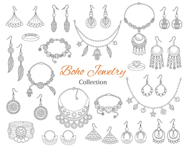 Collezione di accessori per gioielli boho alla moda, illustrazione doodle disegnata a mano vettoriale . — Vettoriale Stock