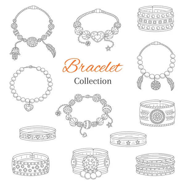 Collection de bracelets à la mode, illustration vectorielle dessinée à la main . — Image vectorielle