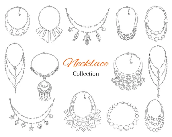 Colección de collares de moda, vector dibujado a mano garabato ilustración . — Archivo Imágenes Vectoriales