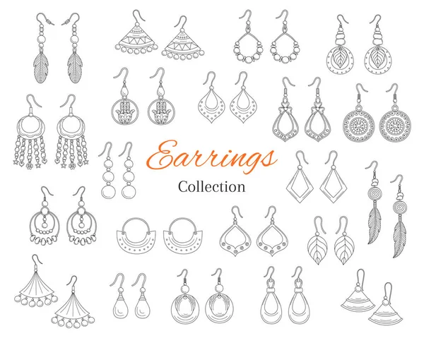 Collezione di orecchini alla moda, illustrazione doodle disegnata a mano vettoriale . — Vettoriale Stock