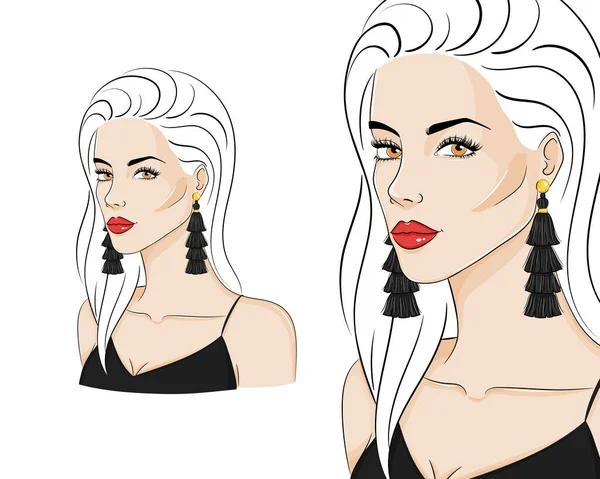 Schöne Frau trägt stilvollen Schmuck, Vektorskizze Illustration. Mode-Modell mit schwarzen Quasten-Ohrringen. — Stockvektor