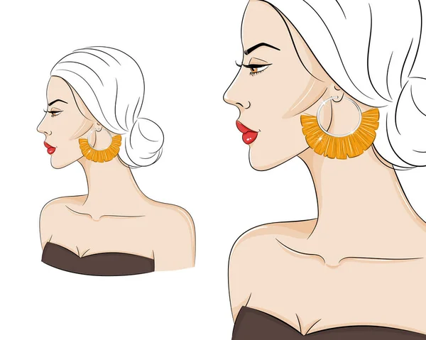 Hermosa mujer de perfil vistiendo joyas boho con estilo, ilustración de bocetos vectoriales. Modelo de moda con pendientes de borla — Vector de stock