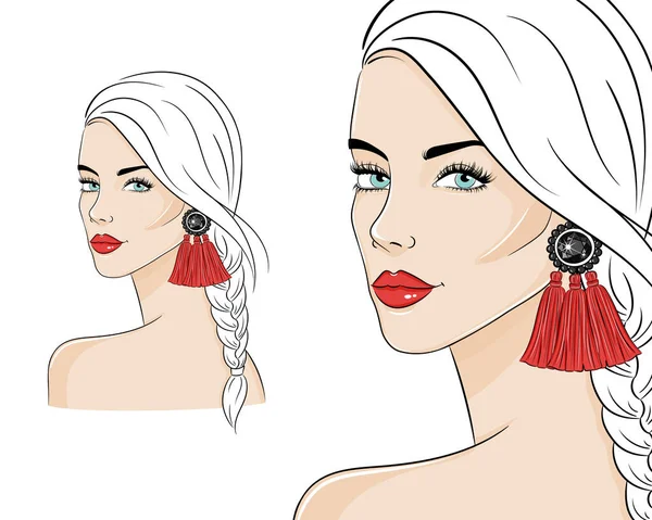 漂亮的女人穿着时髦的珠宝,矢量草图插图. 红色长丝耳环的时装模特. — 图库矢量图片