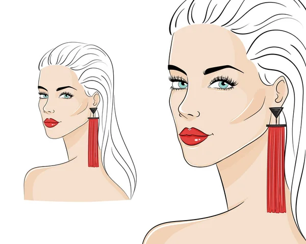 Hermosa mujer que usa joyas elegantes, ilustración de bocetos vectoriales. Modelo de moda con pendientes de borla largos rojos . — Vector de stock