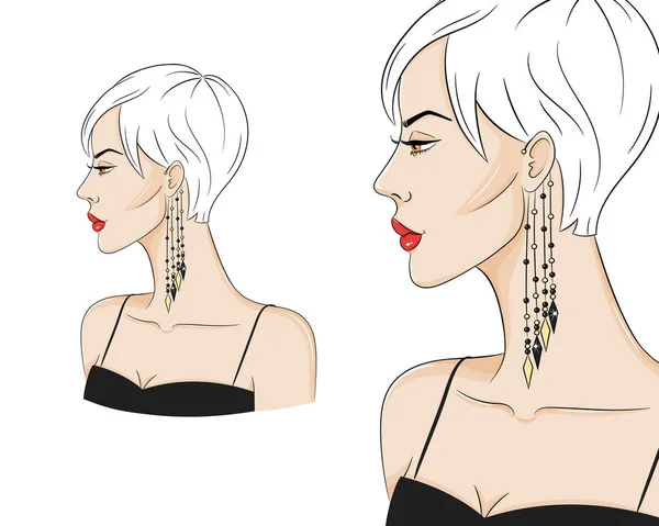 Hermosa mujer de perfil, con joyas elegantes, ilustración de bosquejo vectorial. Modelo de moda con pendientes de puño — Vector de stock