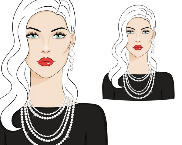 Hermosa mujer con joyas de lujo, ilustración de bosquejo vectorial. Modelo de moda con pendientes de perlas y collar . — Vector de stock