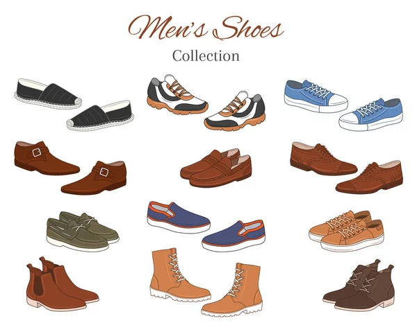 Collection de chaussures pour hommes. Différents types de chaussures pour hommes bottes décontractées, baskets, chaussures formelles, illustration vectorielle, isolé sur fond blanc . — Image vectorielle