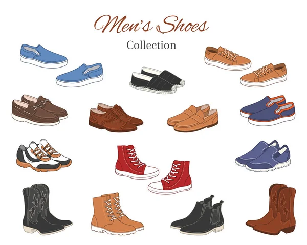 Coleção de sapatos masculinos. Vários tipos de sapatos masculinos botas casuais, tênis, sapatos formais, ilustração vetorial, isolado no fundo branco . — Vetor de Stock