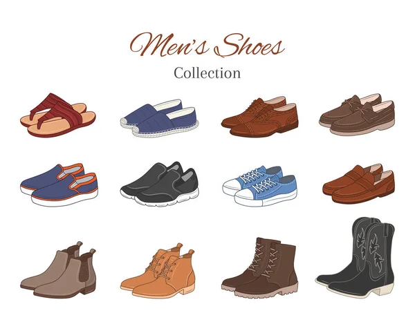Colección de zapatos para hombre. Varios tipos de zapatos masculinos botas casuales, zapatillas de deporte, zapatos formales, ilustración vectorial, aislado sobre fondo blanco . — Vector de stock