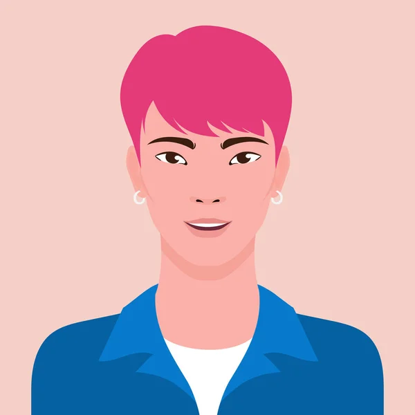 Portret van een jonge Aziatische hipster lachende man, vector platte illustratie. Aziatisch knappe jongen avatar. Stockillustratie