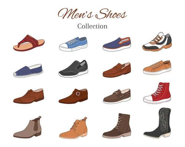 Herenschoenen collectie. Verschillende soorten mannelijke schoenen casual laarzen, sneakers, formele schoenen, vector illustratie, geïsoleerd op witte achtergrond. Vectorbeelden