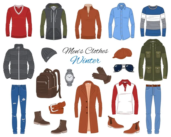 Juego de moda masculina, ropa y accesorios. Ilustración de vectores — Vector de stock