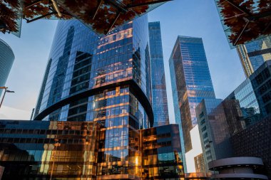 Modern şehir mimarisi, cam gökdelen, güneşli bir günde ofis binası, aşağıdan manzara.