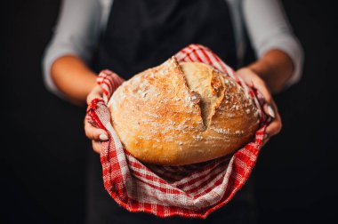 Yeni pişmiş ekmeği elinde tutan fırıncının kırpılmış görüntüsü.
