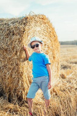 Tarlada saman balyasına yaslanan sevimli, mutlu küçük çocuk.