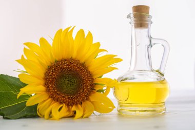 Güzel sarı ayçiçeğinin ve bir şişe ayçiçeği yağının yakın çekimi. 