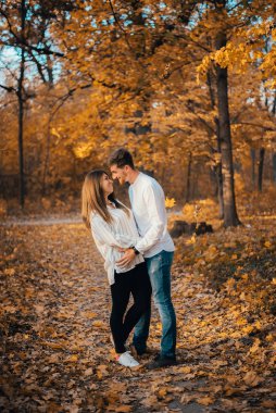 Güz parkında sarılan güzel ve mutlu çiftin yan görüntüsü. 