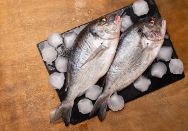 Buz küplü taze çiğ dorado balığının yakın plan görüntüsü