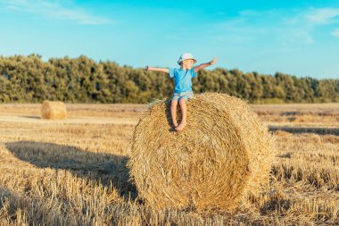 Sevimli, mutlu küçük çocuk, tarlada Hale balyasında oturuyor. 
