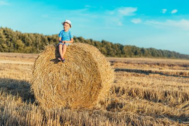 Sevimli, mutlu küçük çocuk, tarlada Hale balyasında oturuyor. 