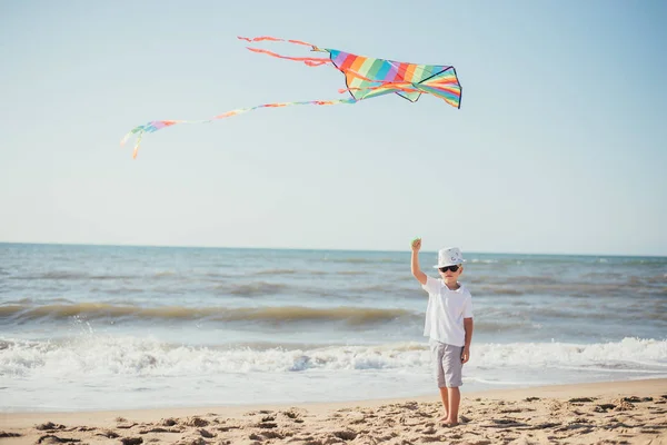 Uroczy Chłopczyk Bawiący Się Kolorowym Latawcem Piaszczystej Plaży — Zdjęcie stockowe