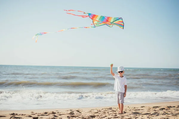 Adorable Petit Garçon Jouant Avec Cerf Volant Coloré Sur Plage — Photo