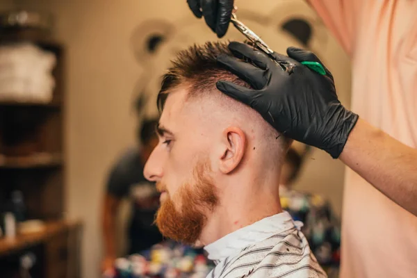 Barbershop Close Man Haircut Master Doing Hair Styling Barber Shop — Stock Photo, Image