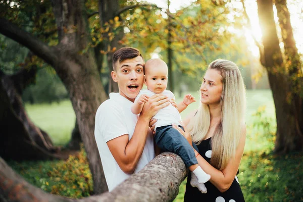 Portret Van Gelukkig Jong Gezin Groene Weide Met Zijn Zoontje — Stockfoto