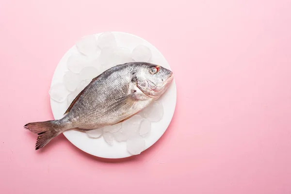 Top View Delicious Raw Fish White Plate Pink Background — Stok Foto