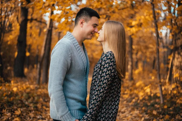 Beautiful Happy Young Couple Kissing Autumn Park — Stock fotografie