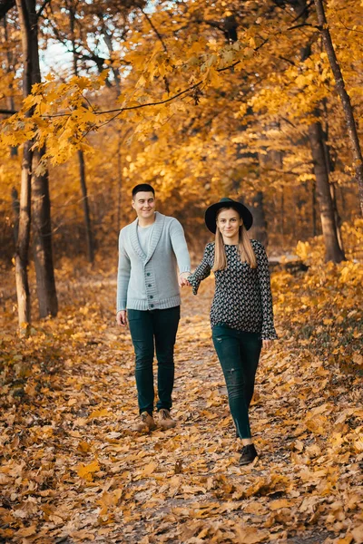 Mooi Gelukkig Jong Paar Hand Hand Wandelen Herfst Park — Stockfoto