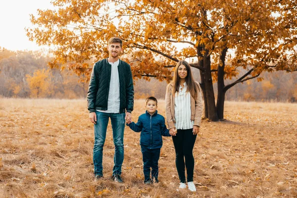 Mutlu Genç Bir Aile Bir Çocuk Bir Arada Sonbahar Parkında — Stok fotoğraf