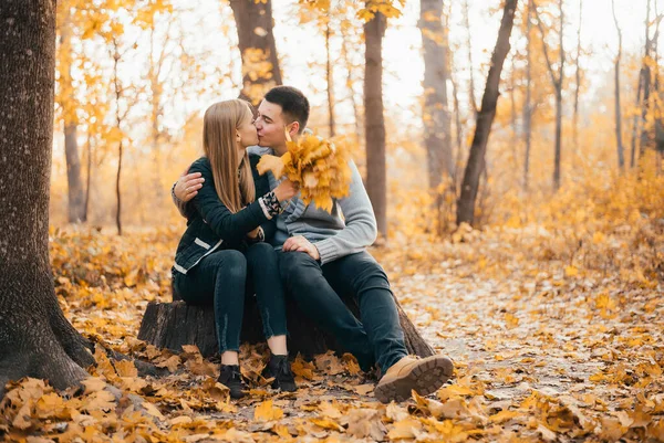 美丽快乐的年轻夫妇坐在一起 在秋天的公园接吻 — 图库照片