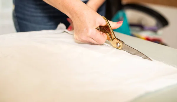 Cropped Shot Seamstress Cutting Fabric Scissors Making Garment Workplace — Stock Photo, Image