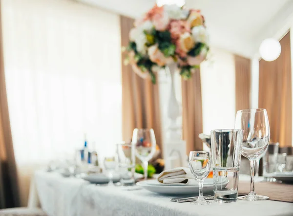 Close View Empty Glasses Served Festive Table Selective Focus — Stock Photo, Image