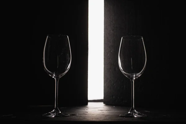 Close View Empty Transparent Wine Glasses Black White Background — ストック写真