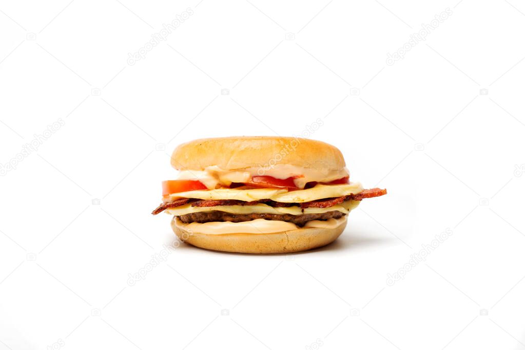 close-up view of delicious fresh burger on white background