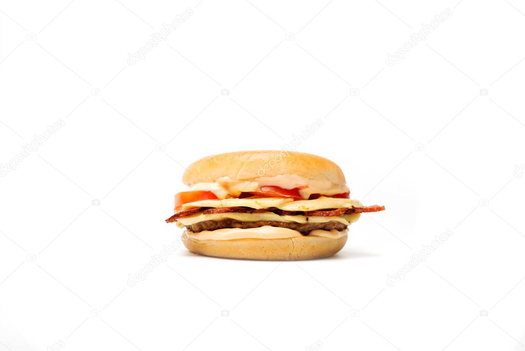 close-up view of delicious fresh burger on white background