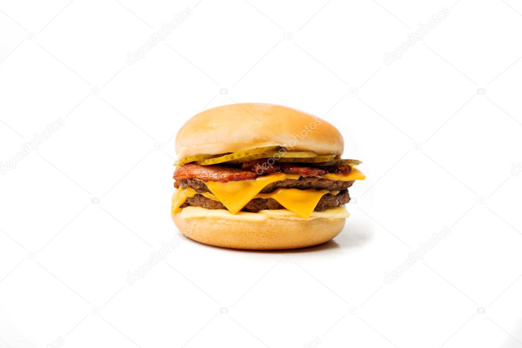 close-up view of delicious fresh hamburger on white background