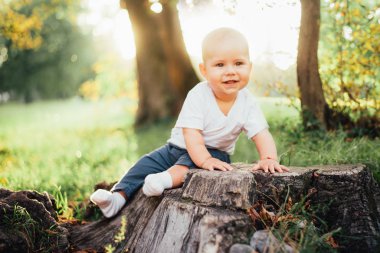 Küçük çocuk yaz parkında oturuyor.