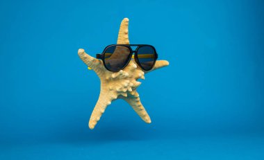 Mavi arka planda güneş gözlüklü deniz yıldızının yakın plan görüntüsü, tatil konsepti 