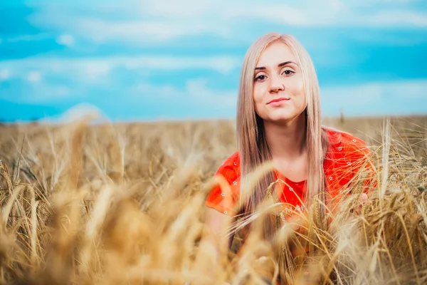 Красивая Заботливая Молодая Блондинка Сидящая Пшенице Поле — стоковое фото
