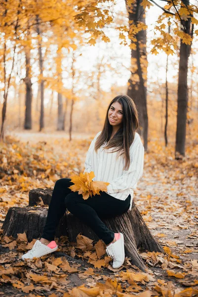 Jovem Atraente Segurando Folhas Amarelas Sorrindo Para Câmera Enquanto Sentado — Fotografia de Stock