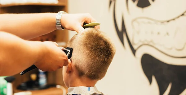 Close Partial View Adorable Little Boy Getting Haircut Barber Shop — Stock Photo, Image