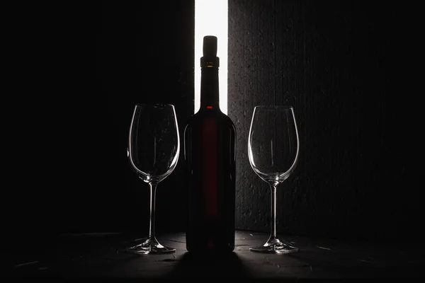 Close View Wine Glasses Bottle Black White Background — ストック写真