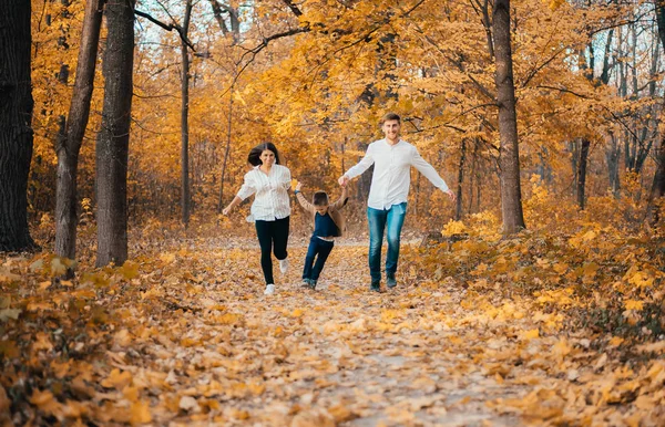 Familia Joven Feliz Con Niño Cogido Mano Caminando Juntos Parque — Foto de Stock