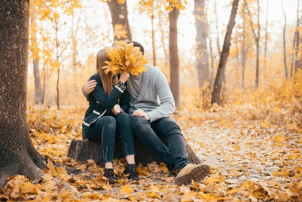 Hermosa Feliz Joven Pareja Sentado Juntos Besándose Otoño Parque —  Fotos de Stock