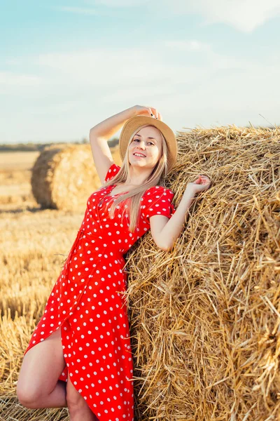Attractive Young Woman Red Dress Posing Hay Bale Field — Stock Photo, Image