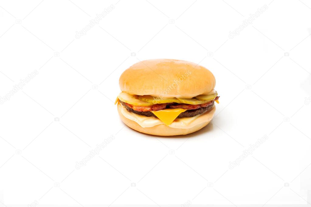 close-up view of delicious fresh cheeseburger on white background