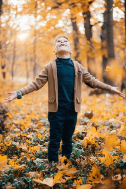 Sonbahar parkında kolları açık duran sevimli mutlu çocuk.